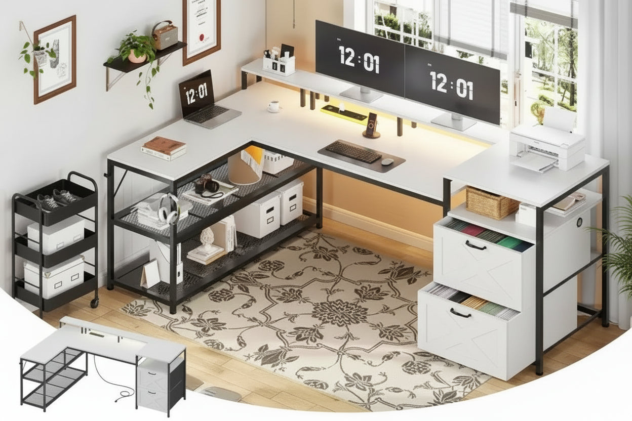 L Shaped Office Desk with Power Socket Storage