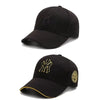 Two black baseball caps with embroidered letters