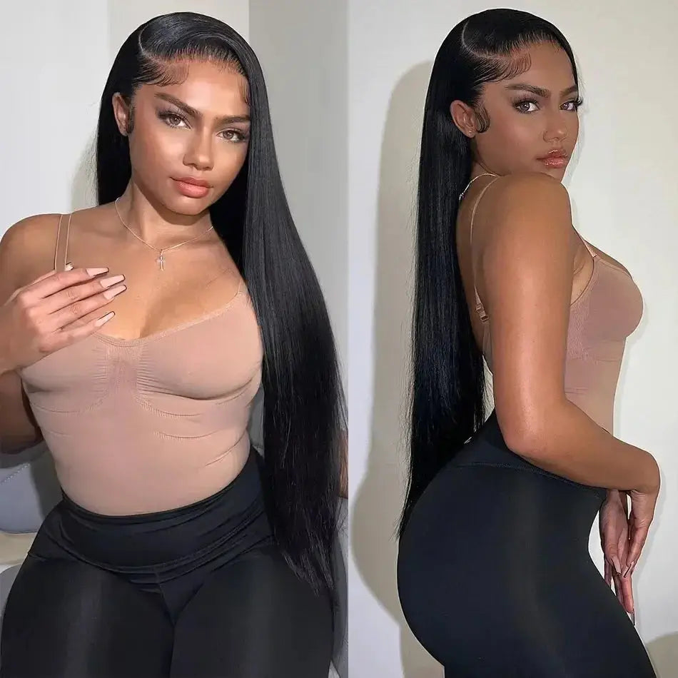 Glueless Brazilian Human Hair Wig Bone Straight with HD Transparent Lace 4x4, 5x5, 13x4 & 13x6 Lace Front Options in Natural Black