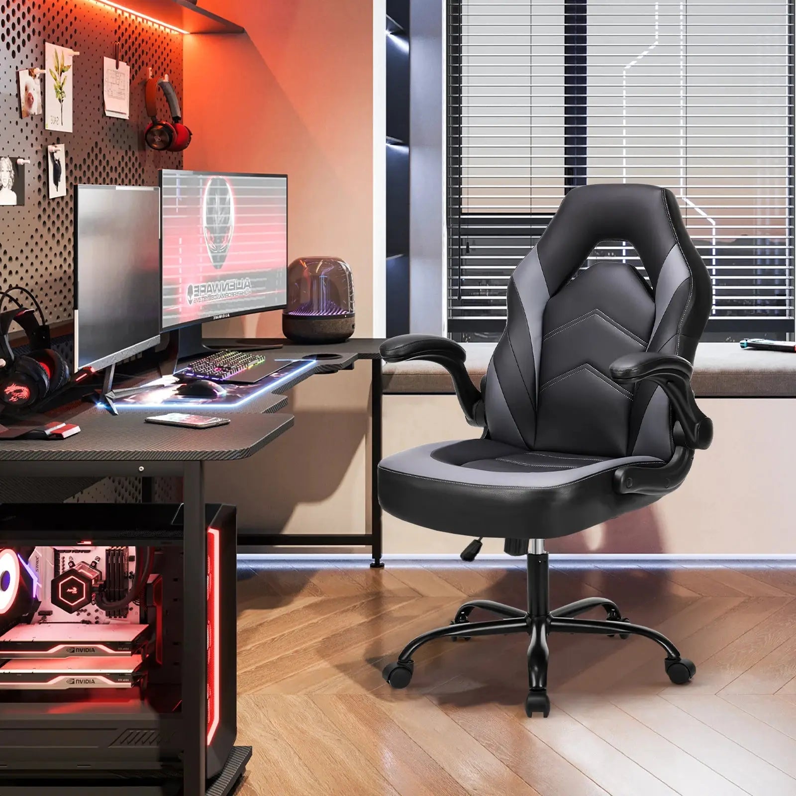 Ergonomic PU Leather Gaming Chair Adjustable Height & Flip-Up Arms Office or Home Desk Seat