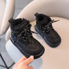 Black kids' boots with warm lining, lace-up style.