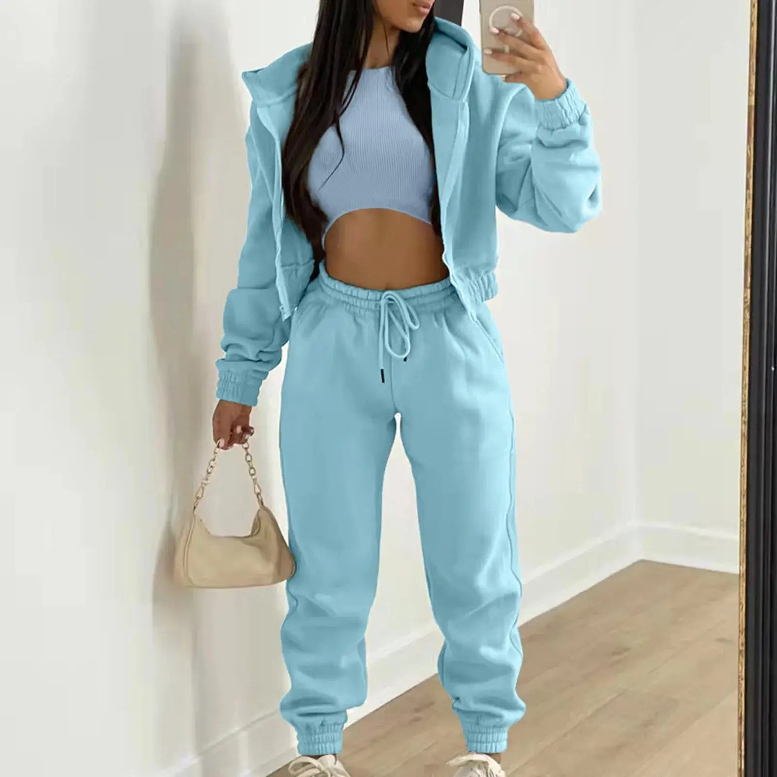 Women's Autumn Winter Casual Tracksuit Set with Vest Top, Zipper Jacket and Loose Pants, Available in Plus Sizes