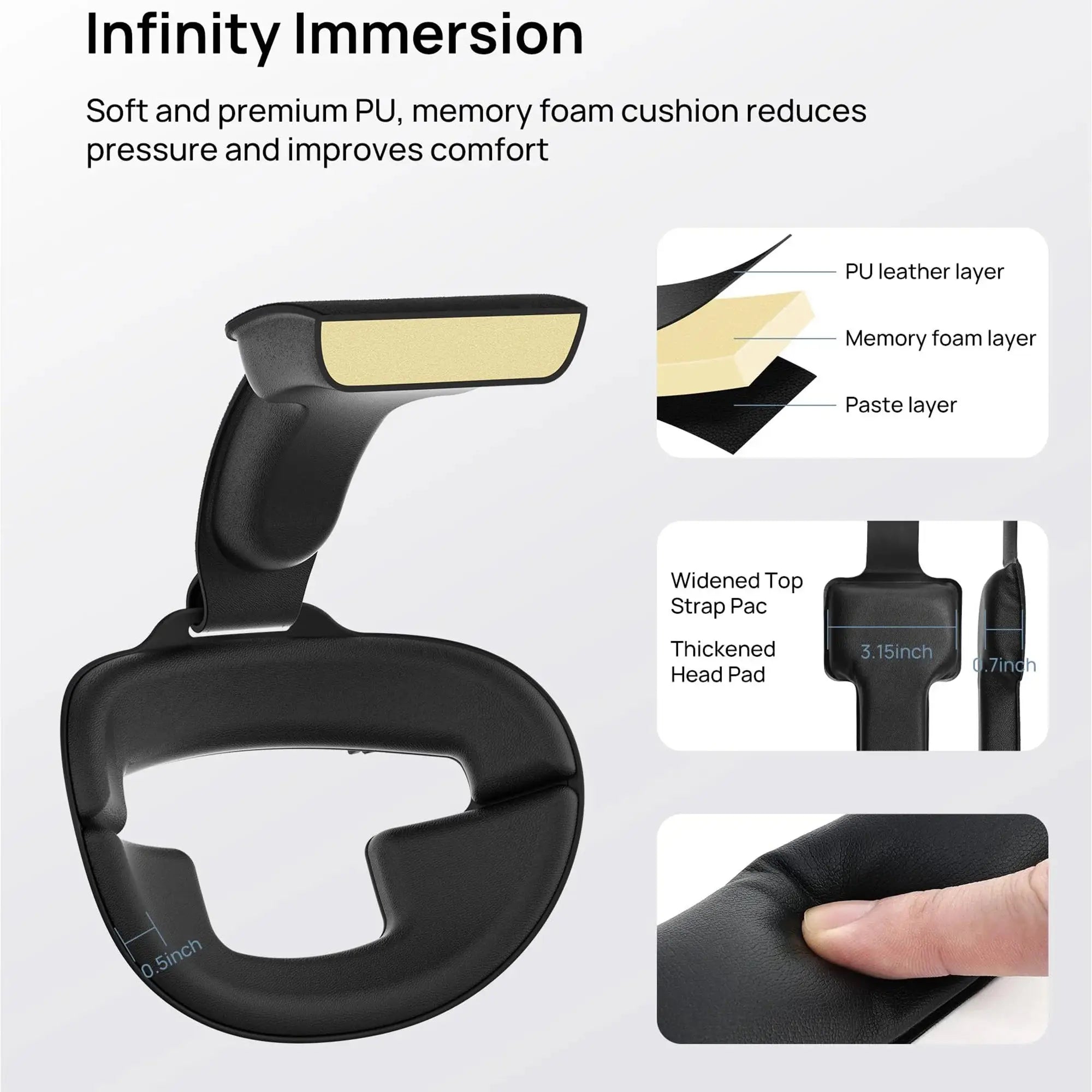 Close-up of TRANSNOVO Head Strap padding layers including PU leather and memory foam for enhanced comfort and pressure relief.