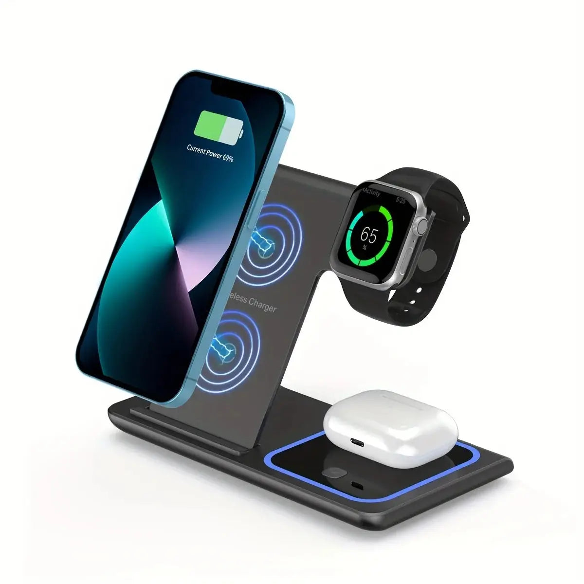 3-in-1 foldable wireless charger 15W, portable charging station for iPhone 12–15 Pro Max and Apple Watch Series 6–9