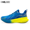 Blue cushioned running shoe with yellow sole