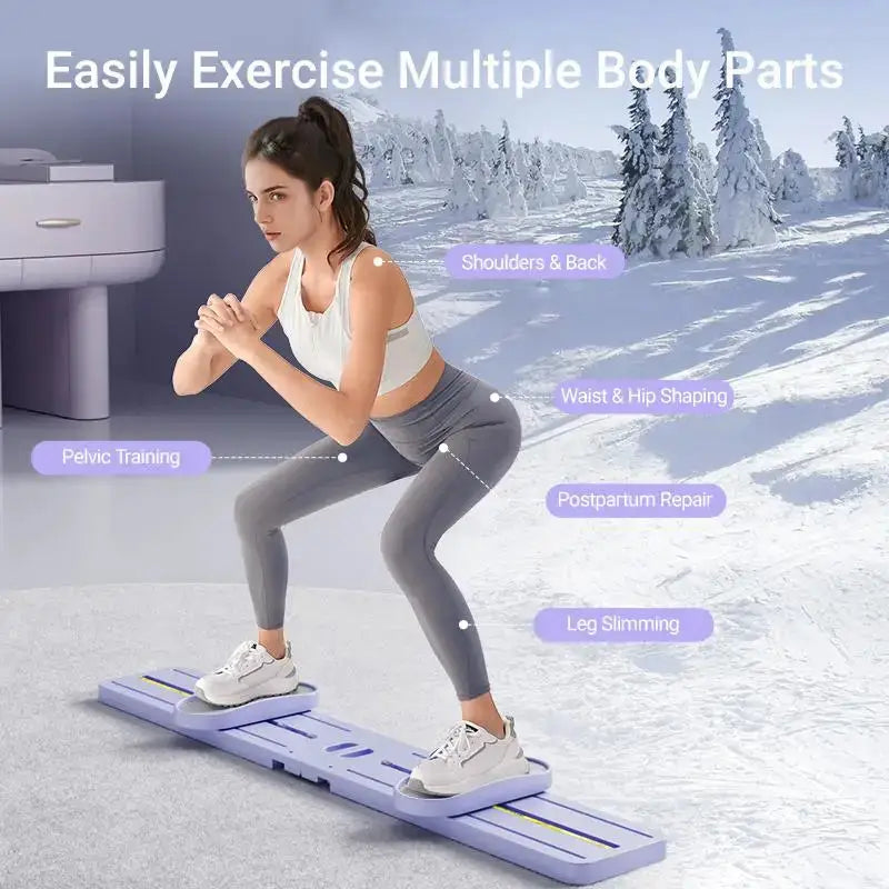 Woman using foldable 3-in-1 ski trainer for postpartum recovery, targeting legs, pelvis, hips, and waist in a home workout setting.