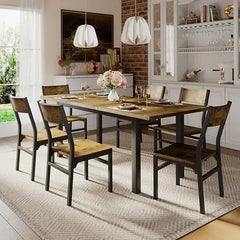 Rustic 7-piece dining table set with 6 chairs in distressed wood finish.