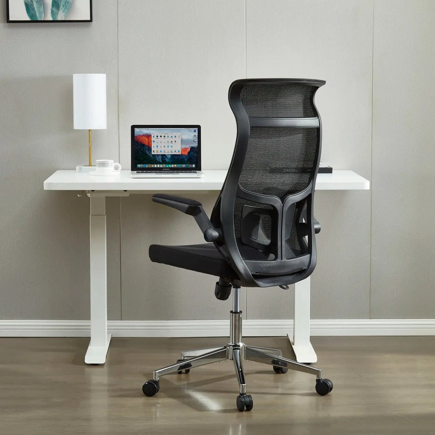 Ergonomic Office Chair Fixed Headrest Flip-Up Arms Lumbar Support PU Wheels & Swivel Tilt