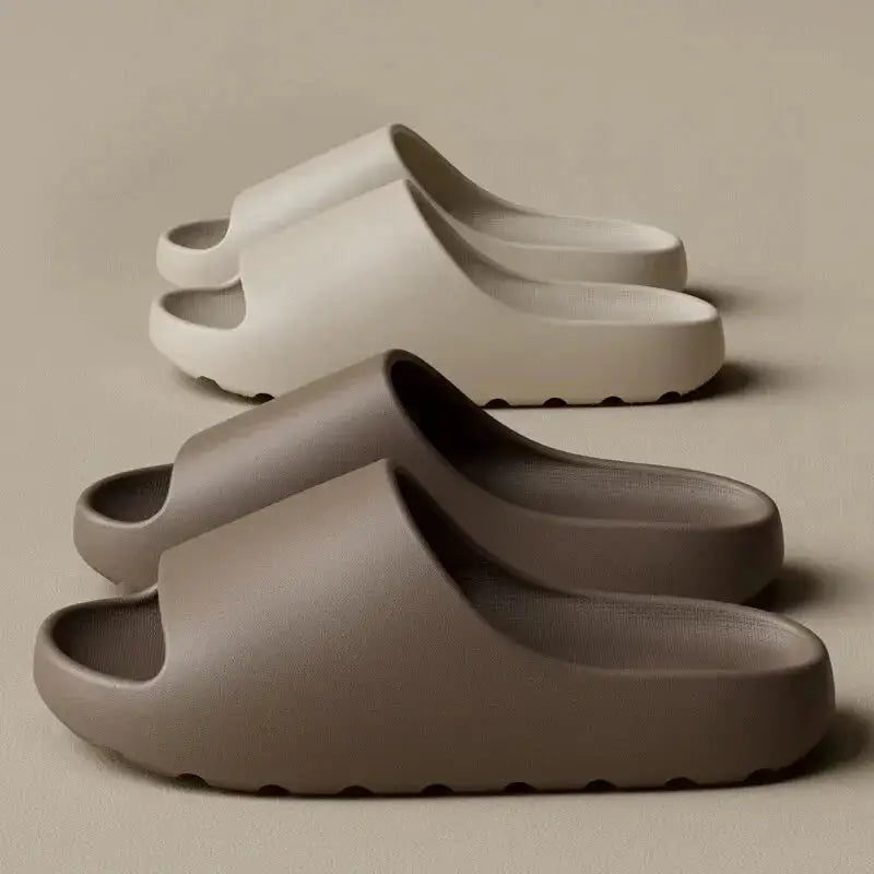 1 Pair Cloud Cushion Slippers for Men & Women in beige and brown with thick sole and soft design, ideal for summer comfort and non-slip wear.
