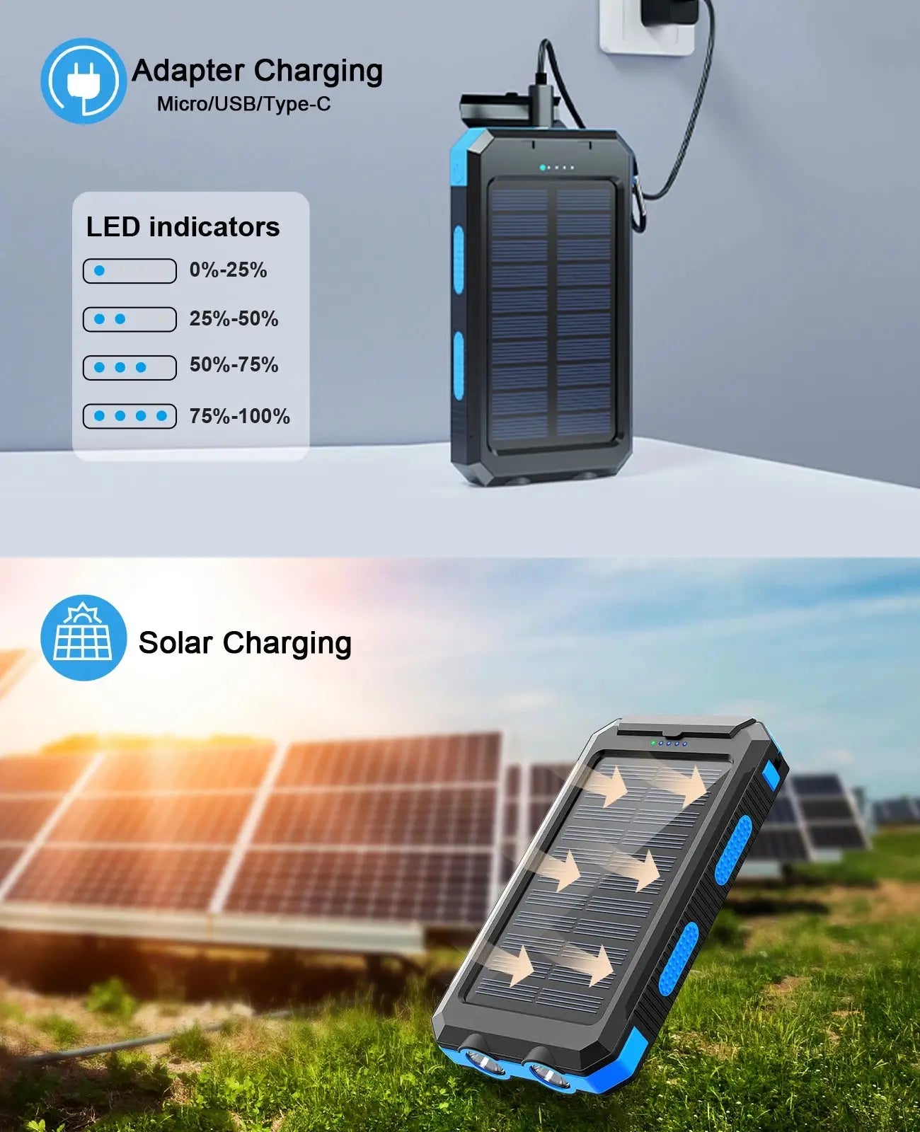 Solar Power Bank 38800mAh Waterproof Dual USB Charger for Outdoor Travel & Camping