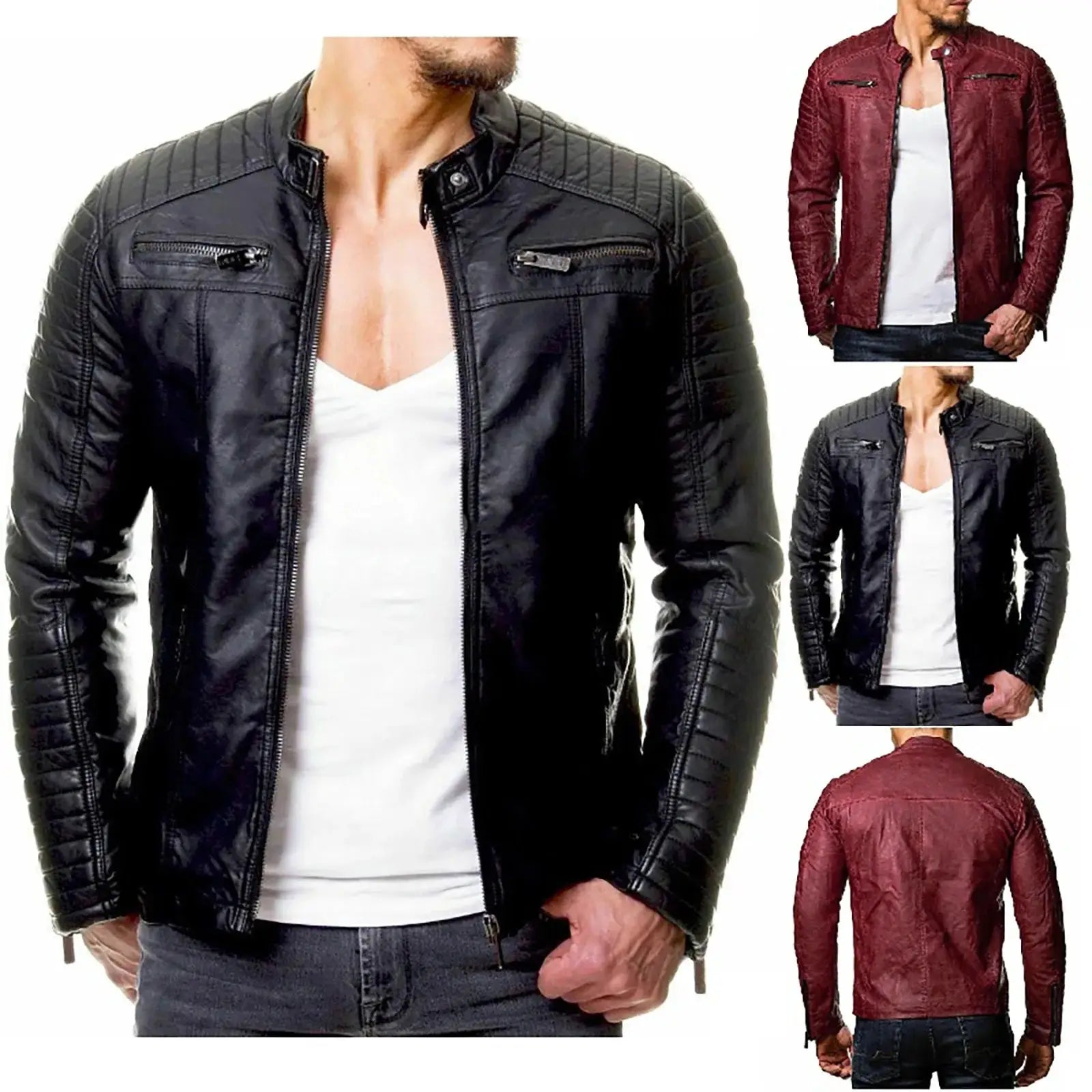 Men's faux leather motorcycle jacket, windproof and rain-resistant, casual zip-up bomber style for everyday wear