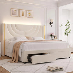 Upholstered bed frame with LED lights and 2 storage drawers