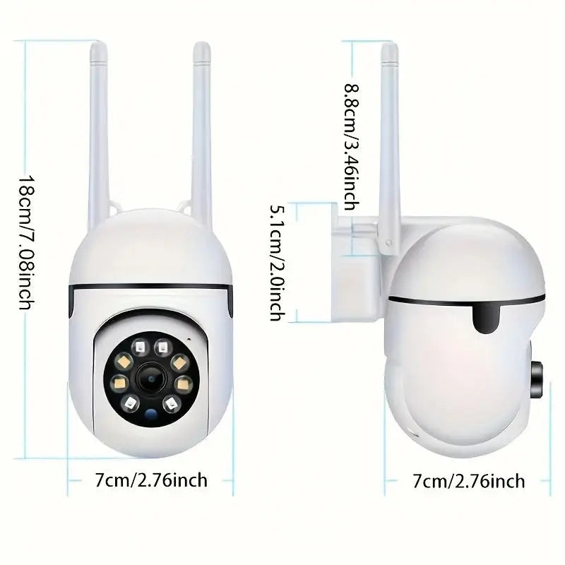 Dimensions of WiFi Security Camera 1080P HD shown with dual antennas and compact design, ideal for wall mounting in indoor or outdoor environments.