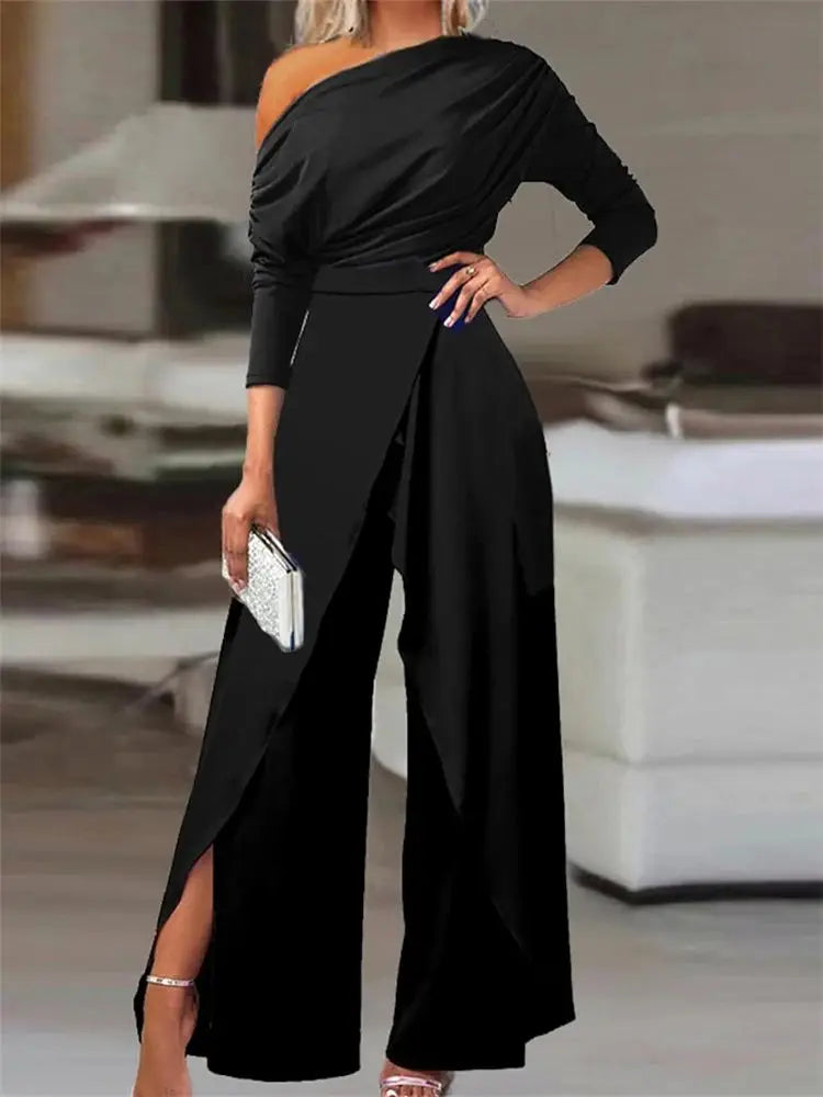 Elegant black off-shoulder women's overalls