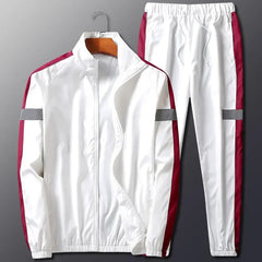 White tracksuit set for men featuring maroon side stripes and gray details.