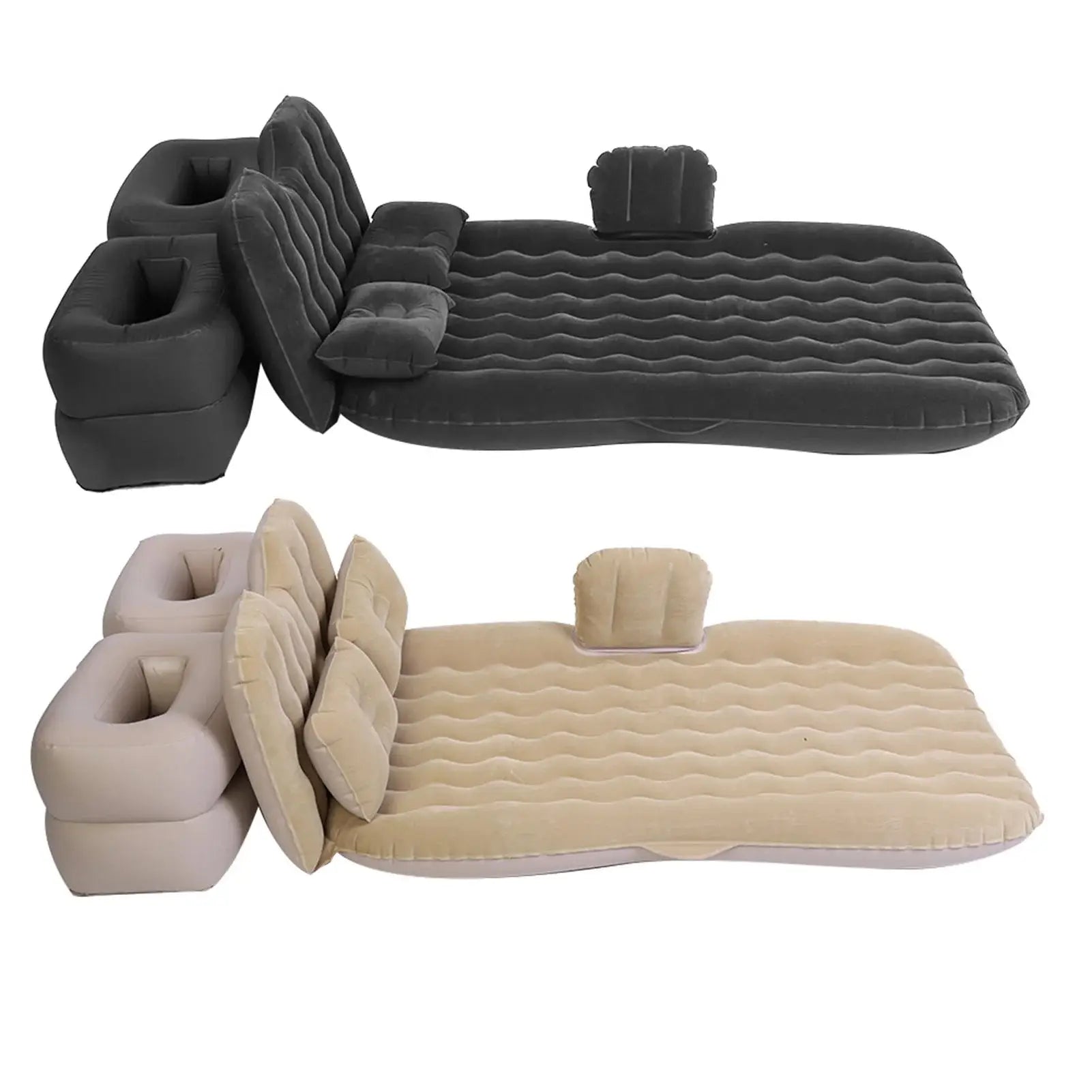 Inflatable air mattress for car back seat in black and beige, ideal for camping, travel, or home use with pillows and side supports.