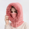 Pink women's winter fur hat with hood