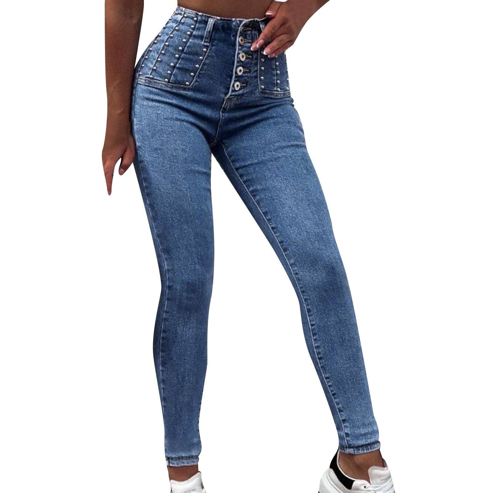 Women’s high-waisted denim cargo pants, pearl button detail, streetwear style, plus size available