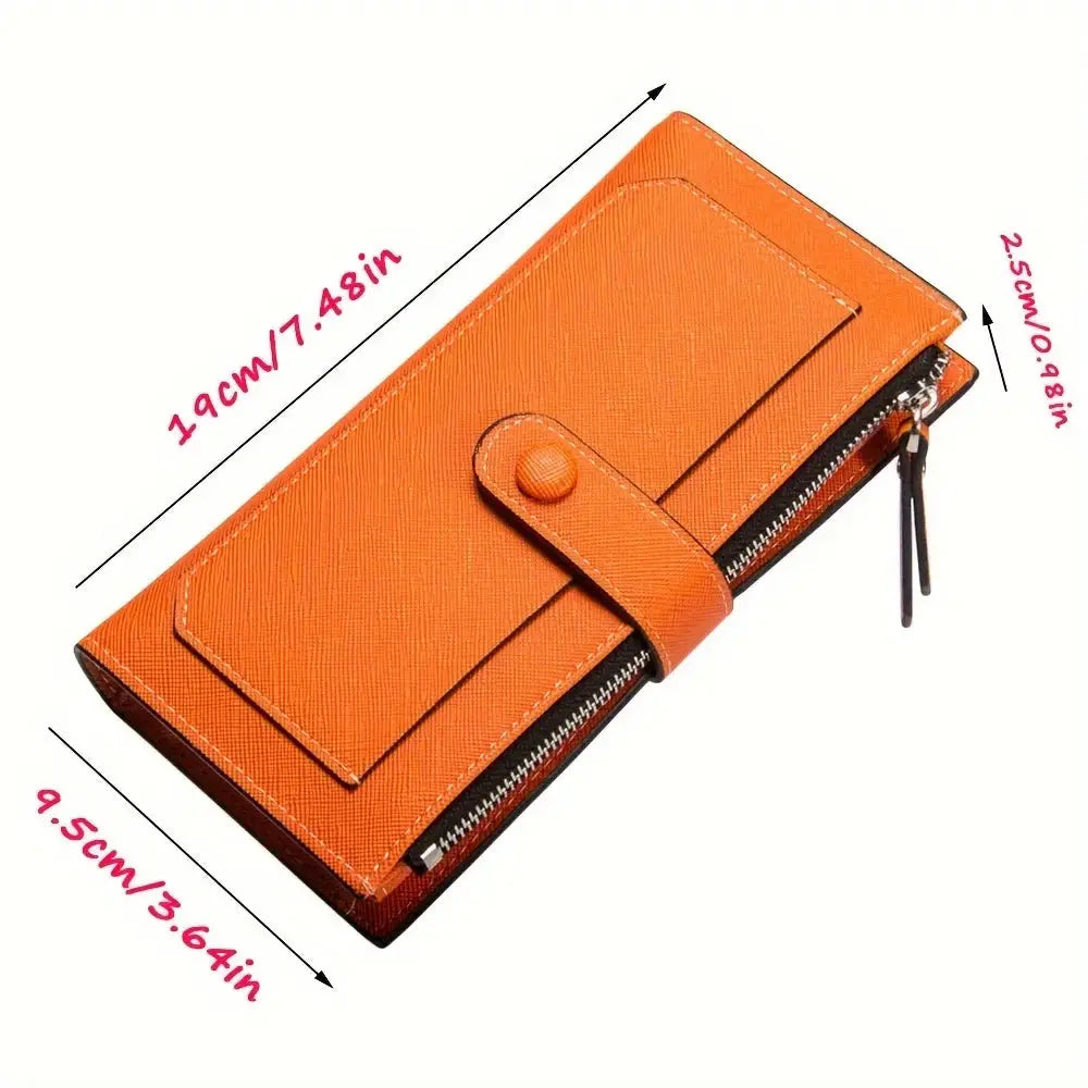 Orange women's PU leather bifold long wallet with buckle closure, zippered pocket, and dimensions labeled for size reference.