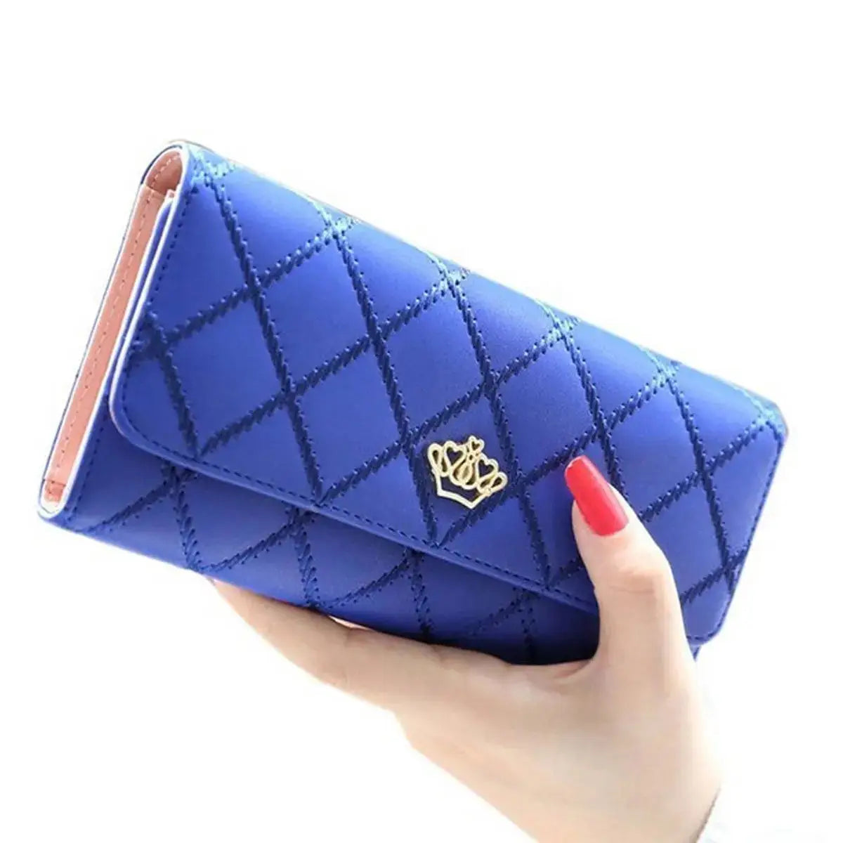 Women’s long PU leather wallet with crown detail, bifold card holder and phone organizer purse for daily use