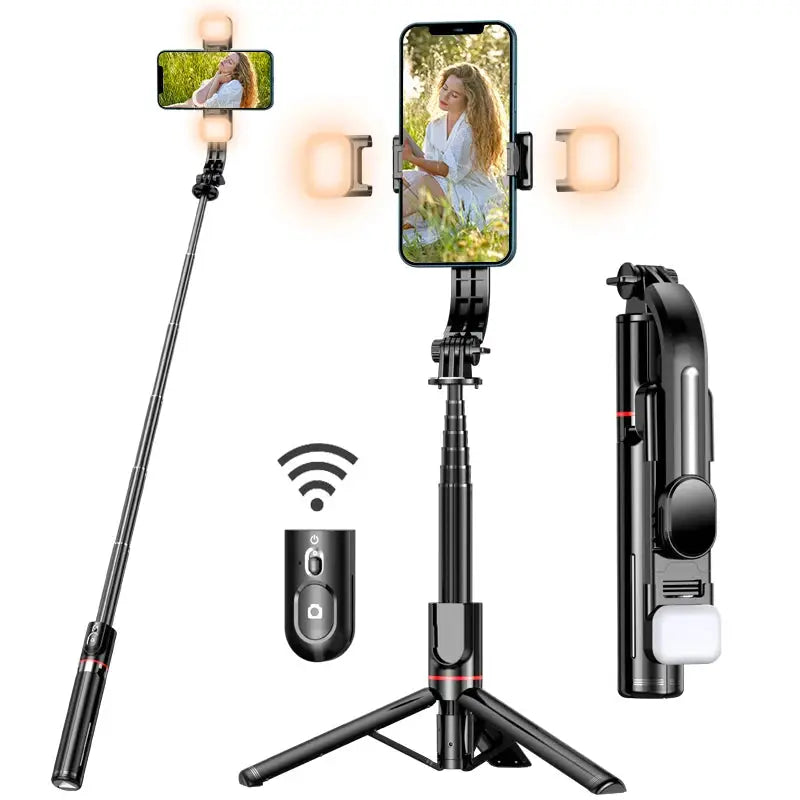 Selfie Stick Tripod with Fill Light & Bluetooth Remote shown in multiple configurations, including tripod, selfie stick, and folded mode.