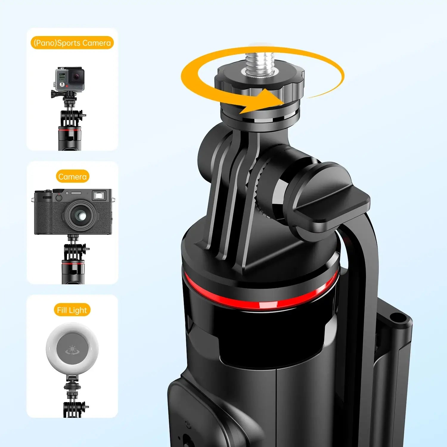 Bluetooth Selfie Stick Tripod with universal mount compatible with action cameras, digital cameras, and fill lights for multi-device use.