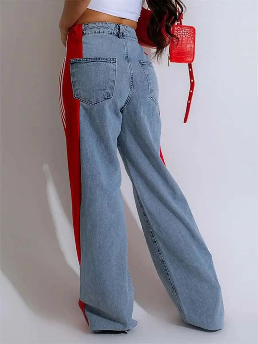Rear view of high waist wide leg jeans with red side panels and denim back, stylish and comfortable for women’s spring fashion.