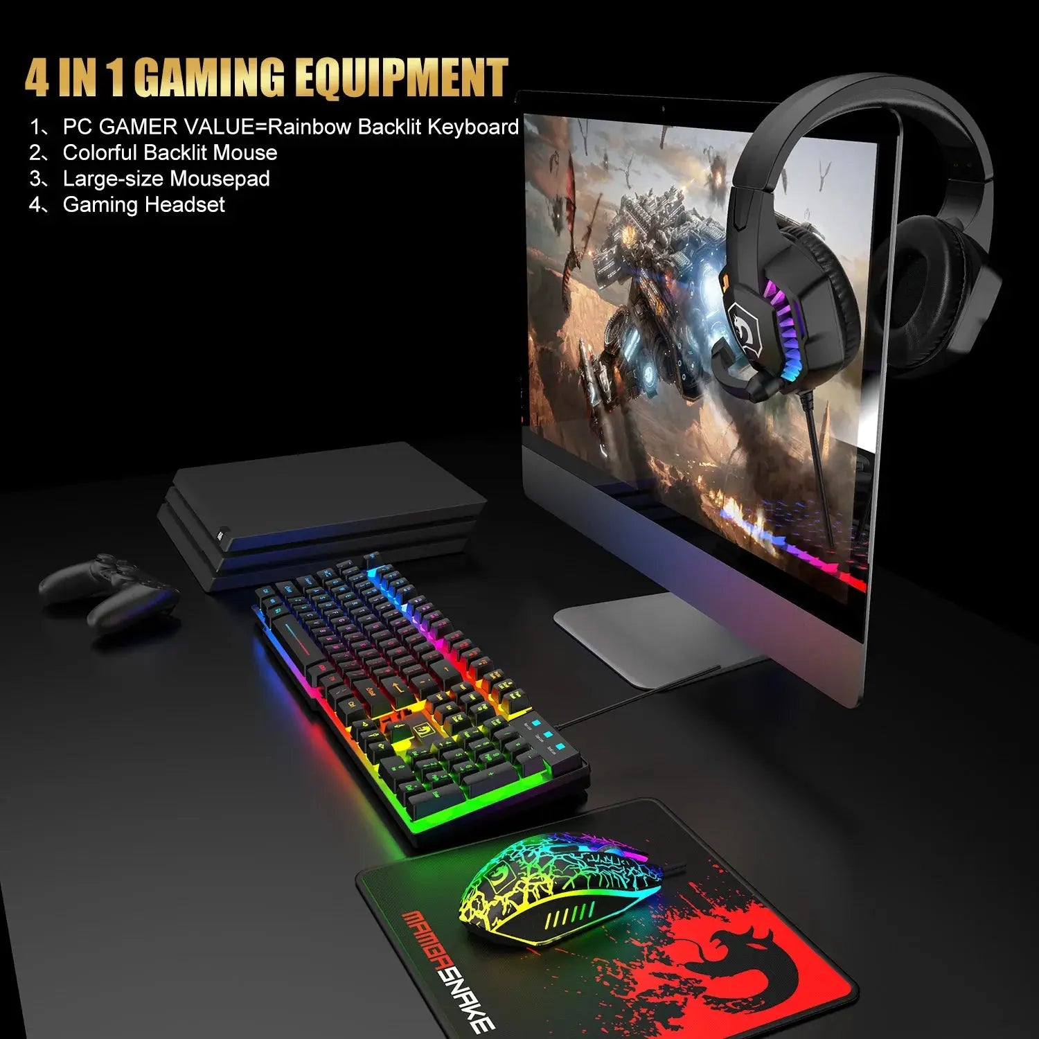 Gaming Combo Set, Wired Keyboard and Mouse with Rainbow LED Backlit and Headset for PC and Console