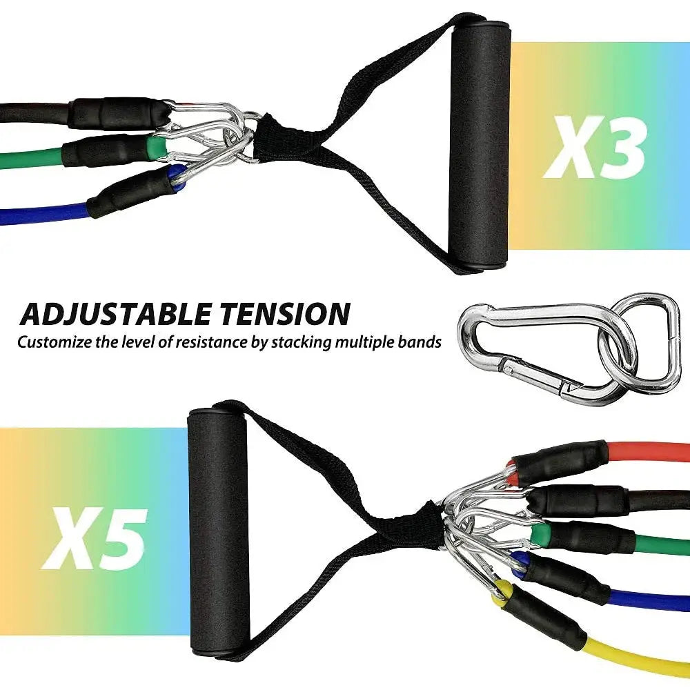 Adjustable tension handles showing how to stack resistance bands for customized strength training in home gym setups.