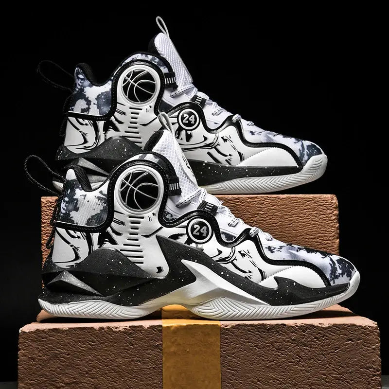 Black and white graffiti men's basketball sneakers with lace-up closure and cushioned sole for outdoor sports and streetwear fashion.