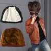 Stylish brown leather coat for kids with faux fur lining.