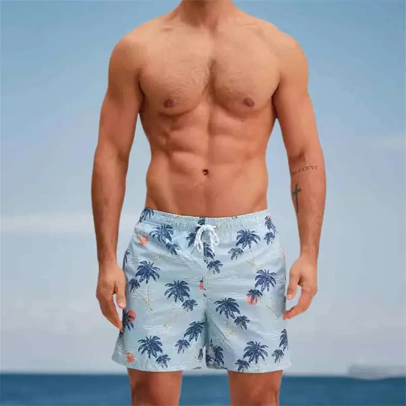 Men’s Quick-Dry Swim Trunks Tropical Palm Print Beach Shorts with Elastic Waist & Drawstring