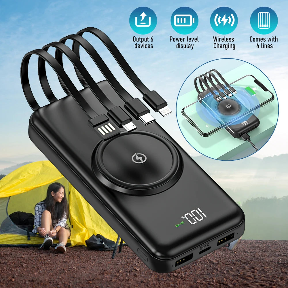 Wireless Power Bank 20000mAh Fast Charging with Built-in 4 Cables for iPhone 13–15 & Android Devices
