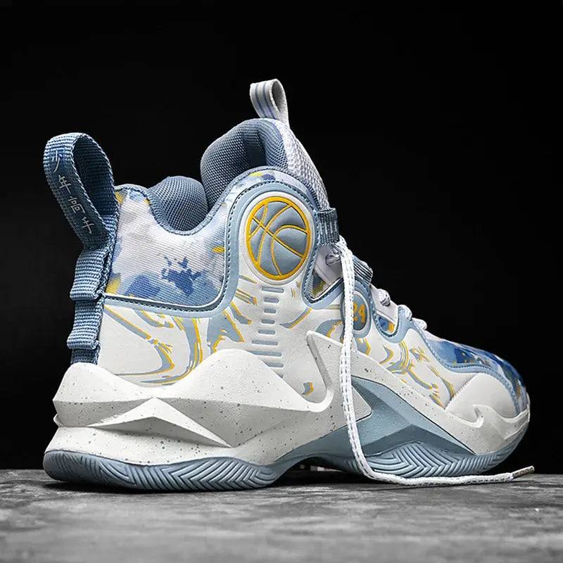 Close-up of men's outdoor basketball sneakers in blue graffiti print, showing durable rubber sole and ankle support structure.