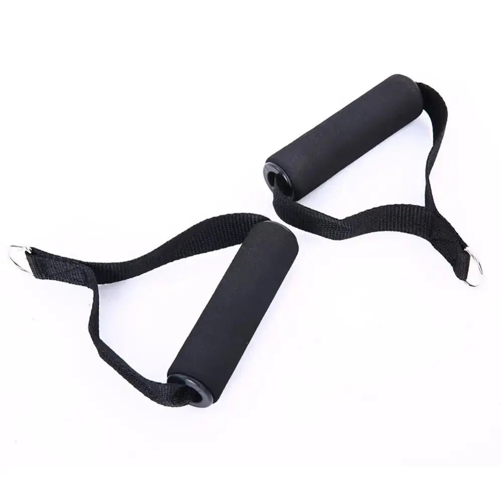 Pair of foam grip handles with nylon straps for resistance bands, providing comfort and durability during strength training.