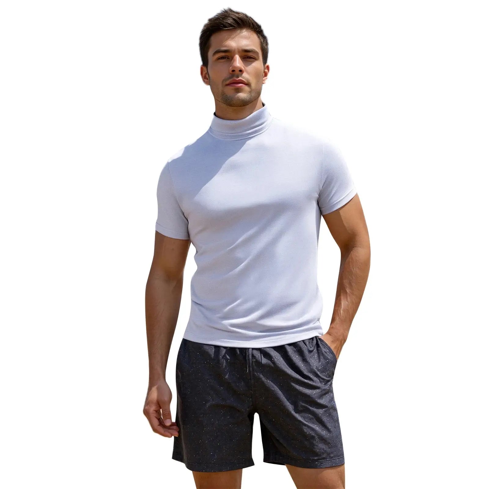Men’s Casual High-Neck T-Shirt – Solid Color Short Sleeve Basic Tee for Summer Everyday Wear