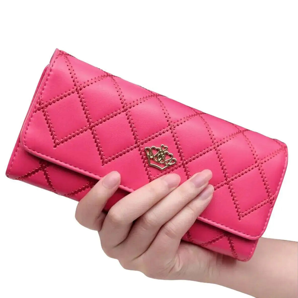 Women’s long PU leather wallet with crown detail, bifold card holder and phone organizer purse for daily use