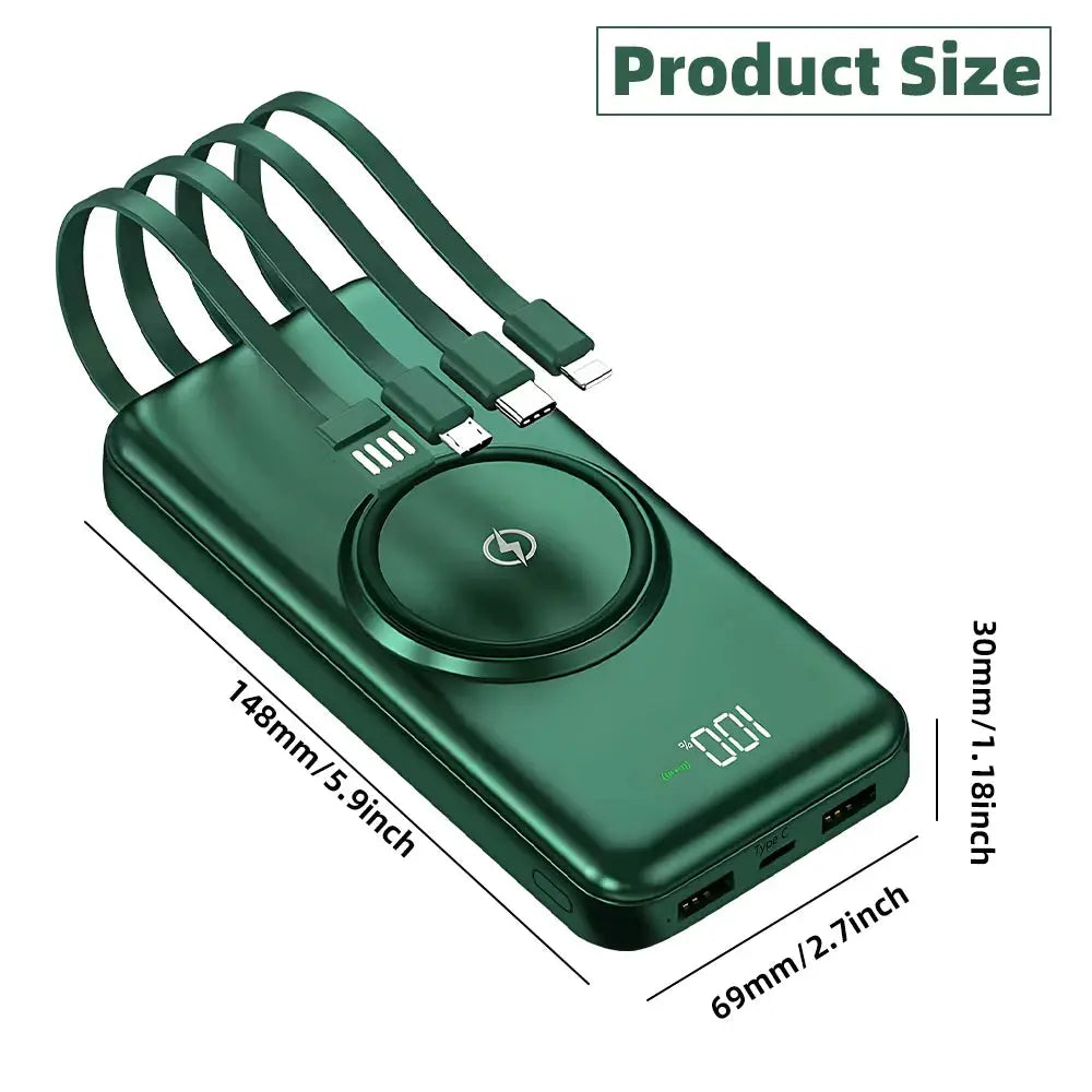 Wireless Power Bank 20000mAh Fast Charging with Built-in 4 Cables for iPhone 13–15 & Android Devices