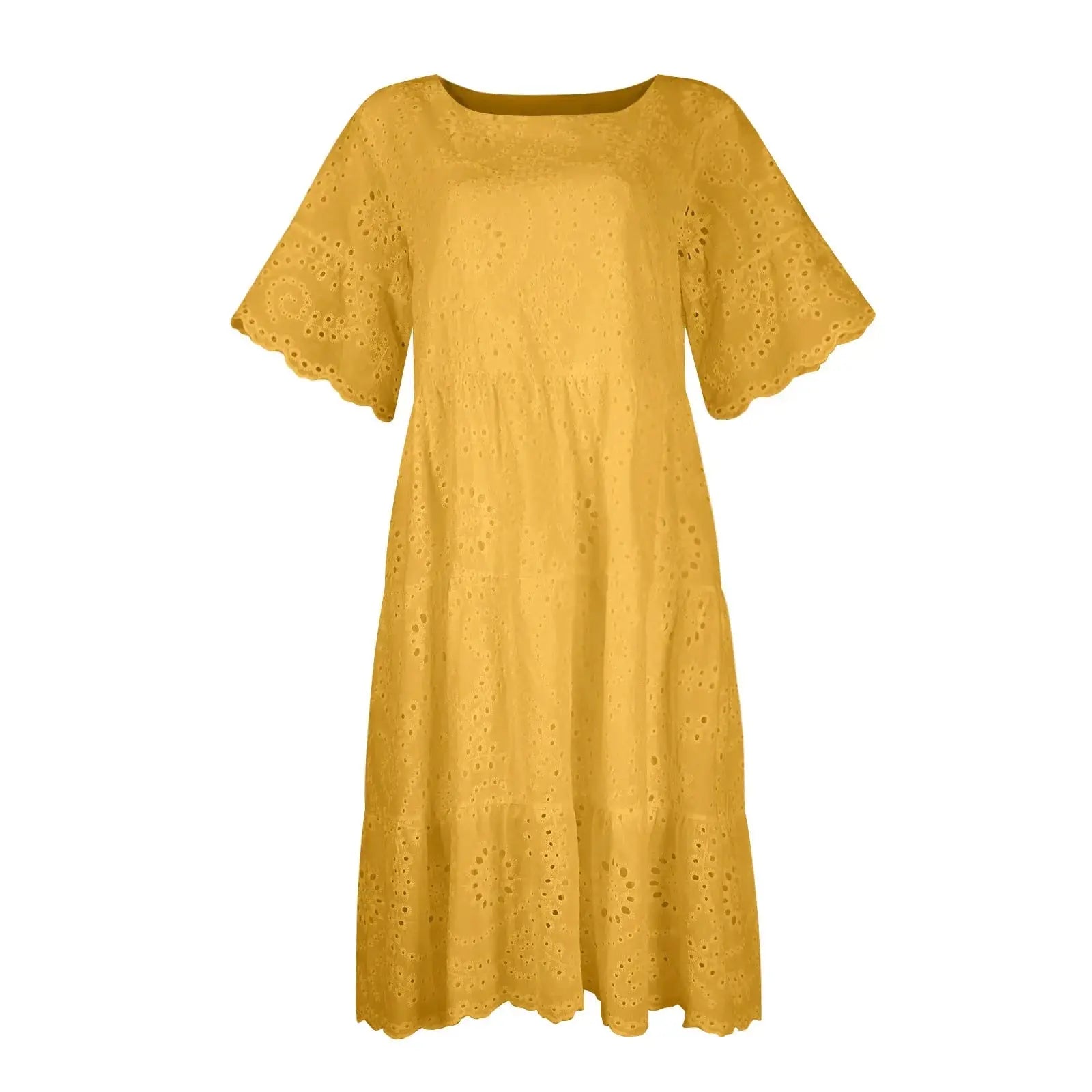 Women’s boho white lace dress, casual short sleeve sundress with pleats and hollow-out details