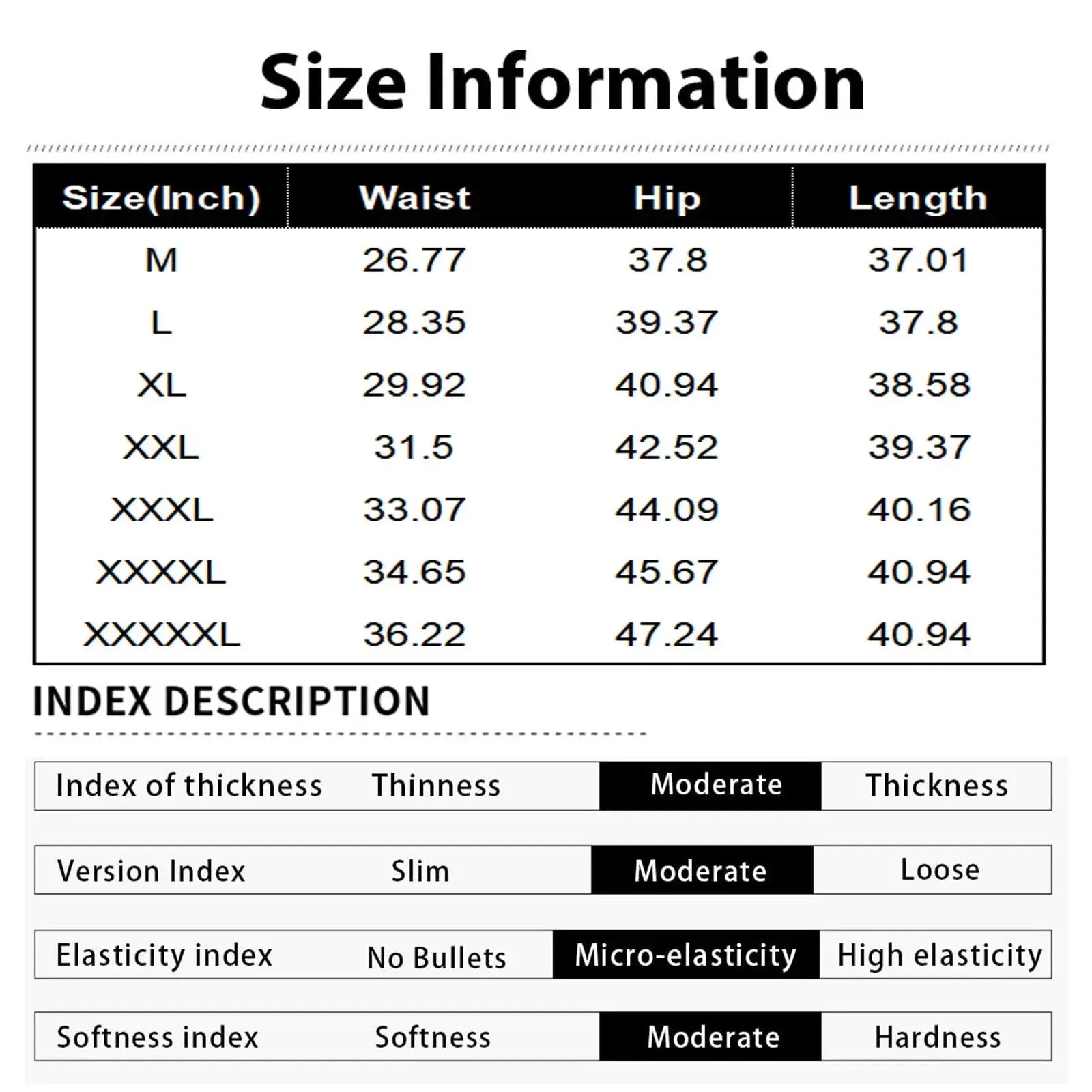 Size chart and fabric index for men’s quick-dry stretch pants with breathable ice silk fabric, showing waist, hip, and length measurements.