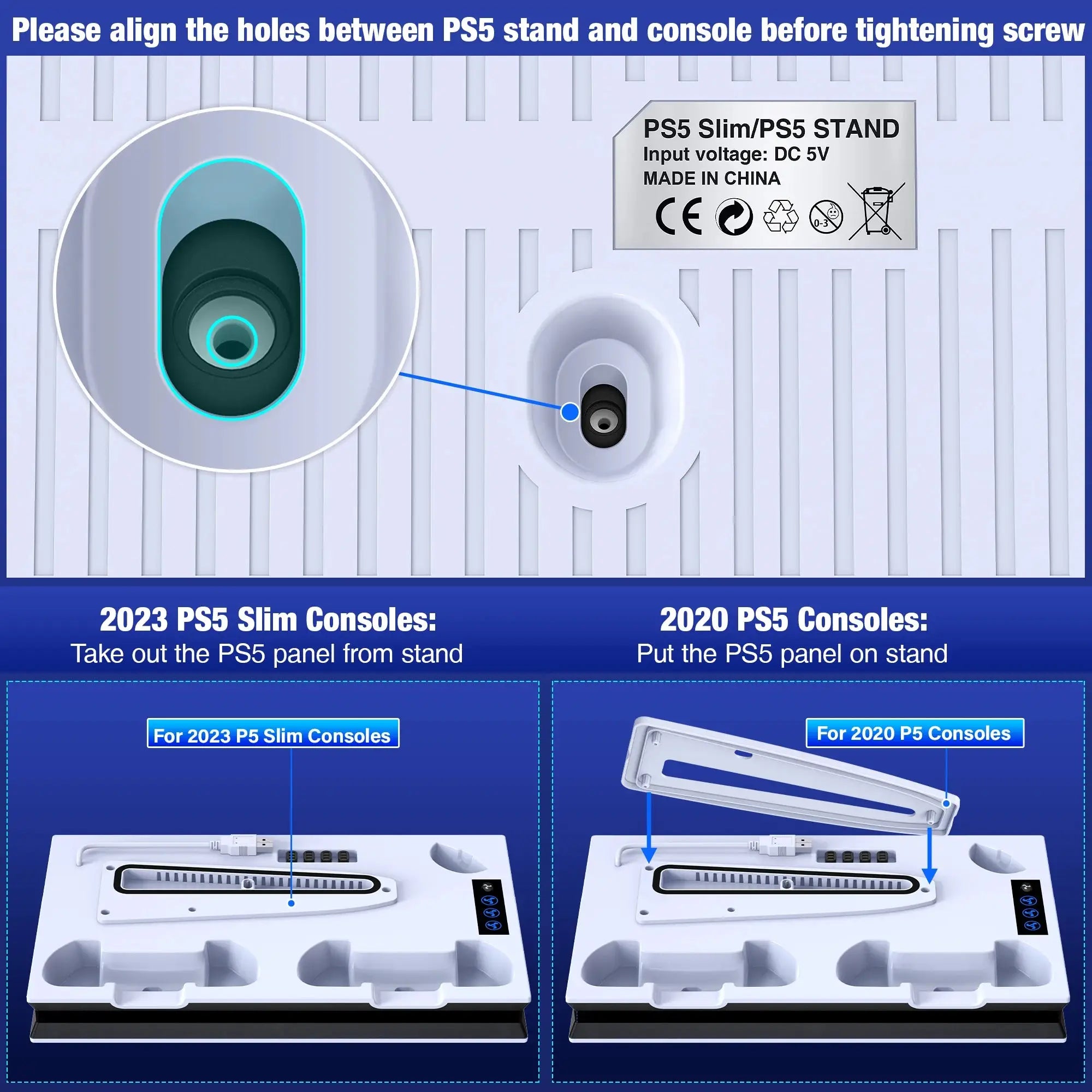 Installation guide for vertical stand with cooling fan, detailing screw alignment for 2023 and 2020 PS5 Slim and standard consoles.