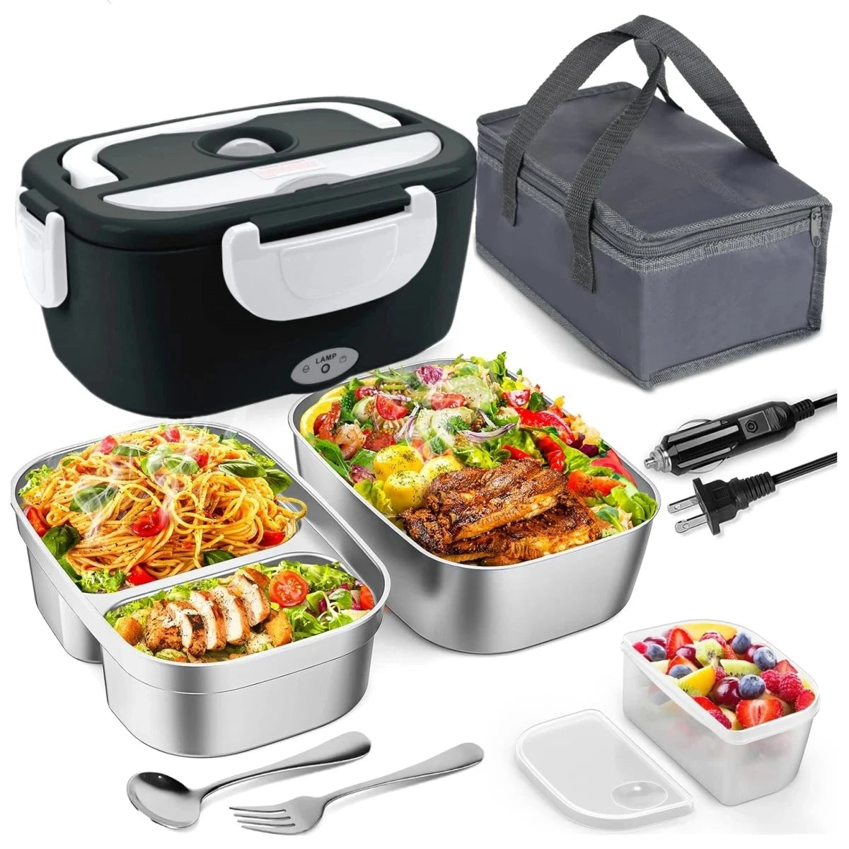 Black electric lunch box with white accents, 1.5L stainless container, and power cables for heating food in car, truck, or home.