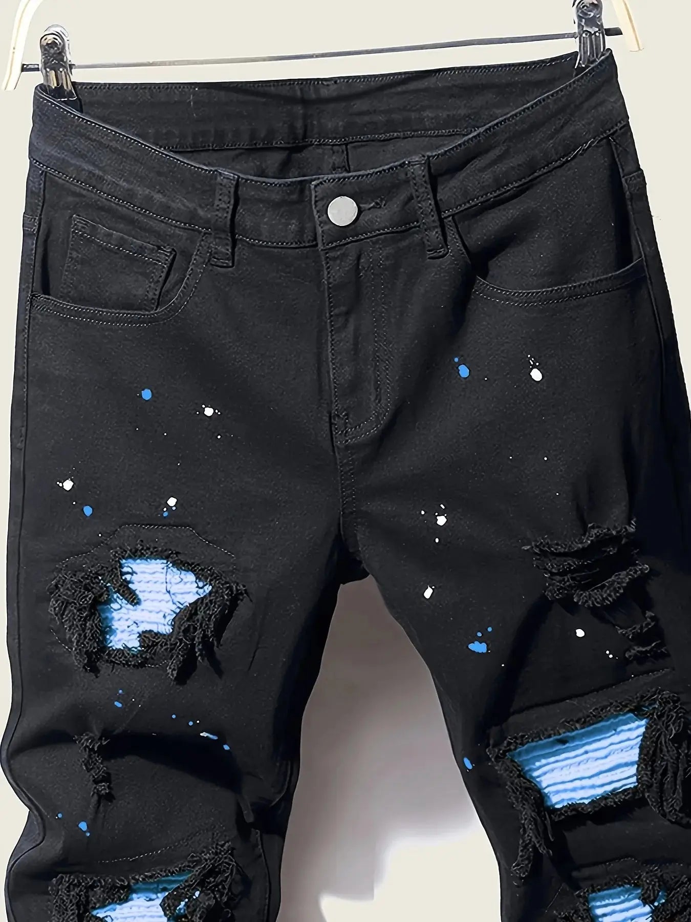 Men’s Splash-Ink Patchwork Jeans – Artistic Streetwear Denim with Unique Paint Effect & Panel Stitching
