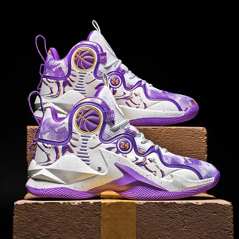 Purple and white graffiti-style men's basketball shoes with non-slip sole, breathable upper, and high-top design for outdoor training.