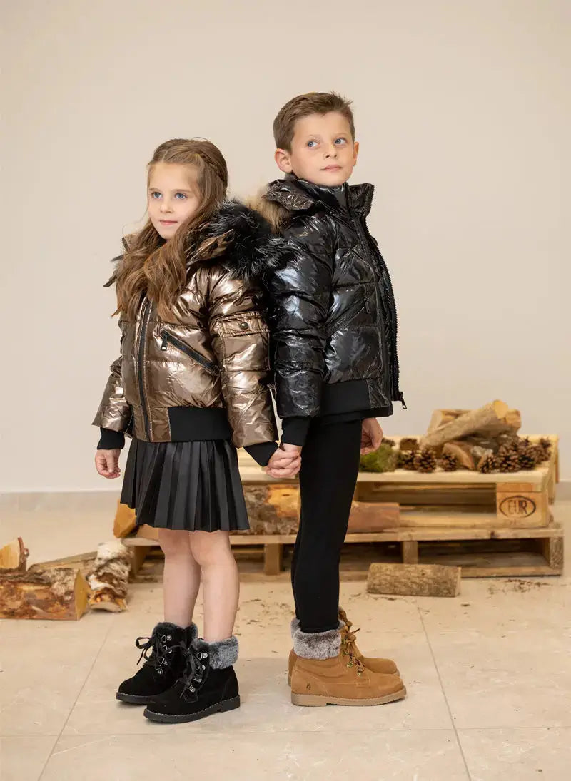 Kids wearing stylish winter down jackets