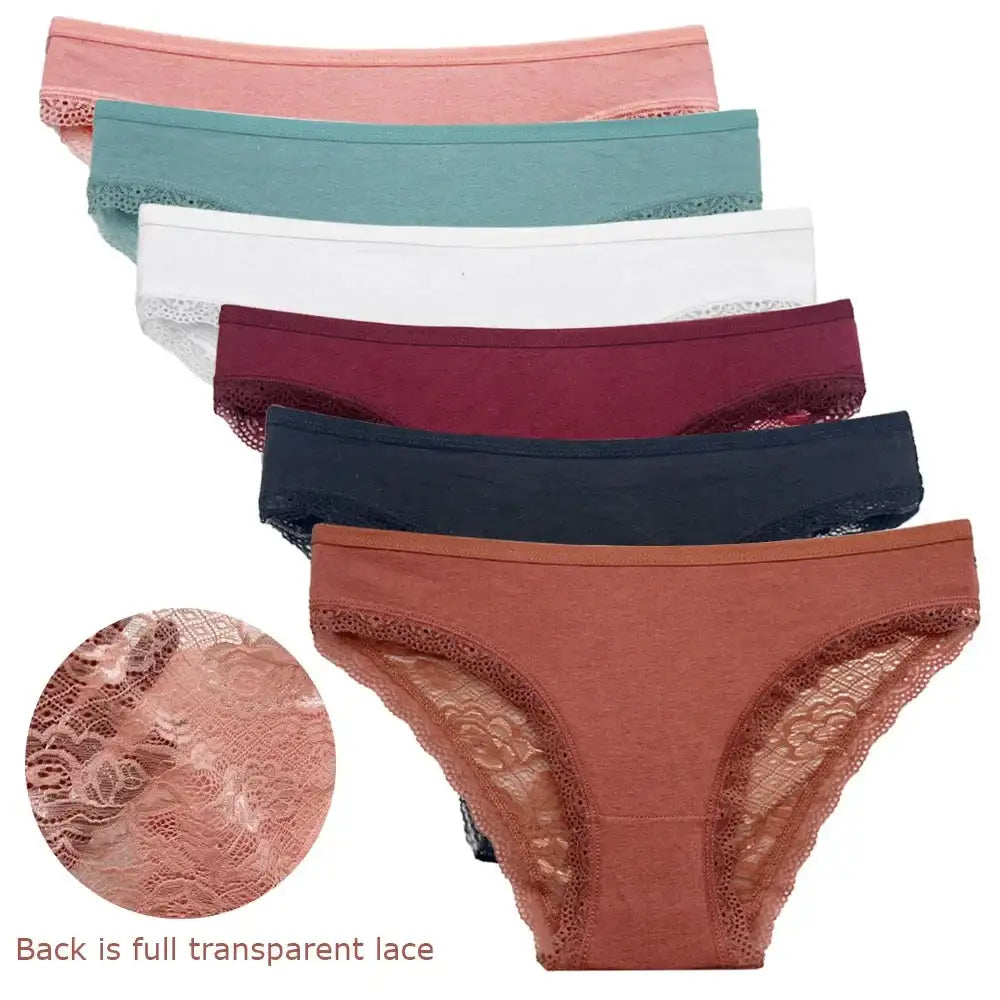 5-pack women's lace low-rise cotton panties in assorted colors with soft knit fabric and bow detail, designed for daily comfort and breathability.