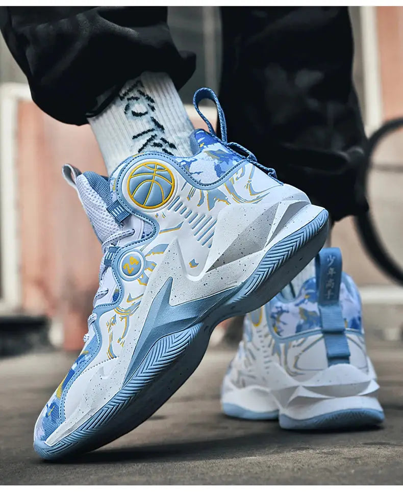 Men wearing blue graffiti basketball sneakers outdoors, showcasing non-slip sole and ankle support for street basketball training.