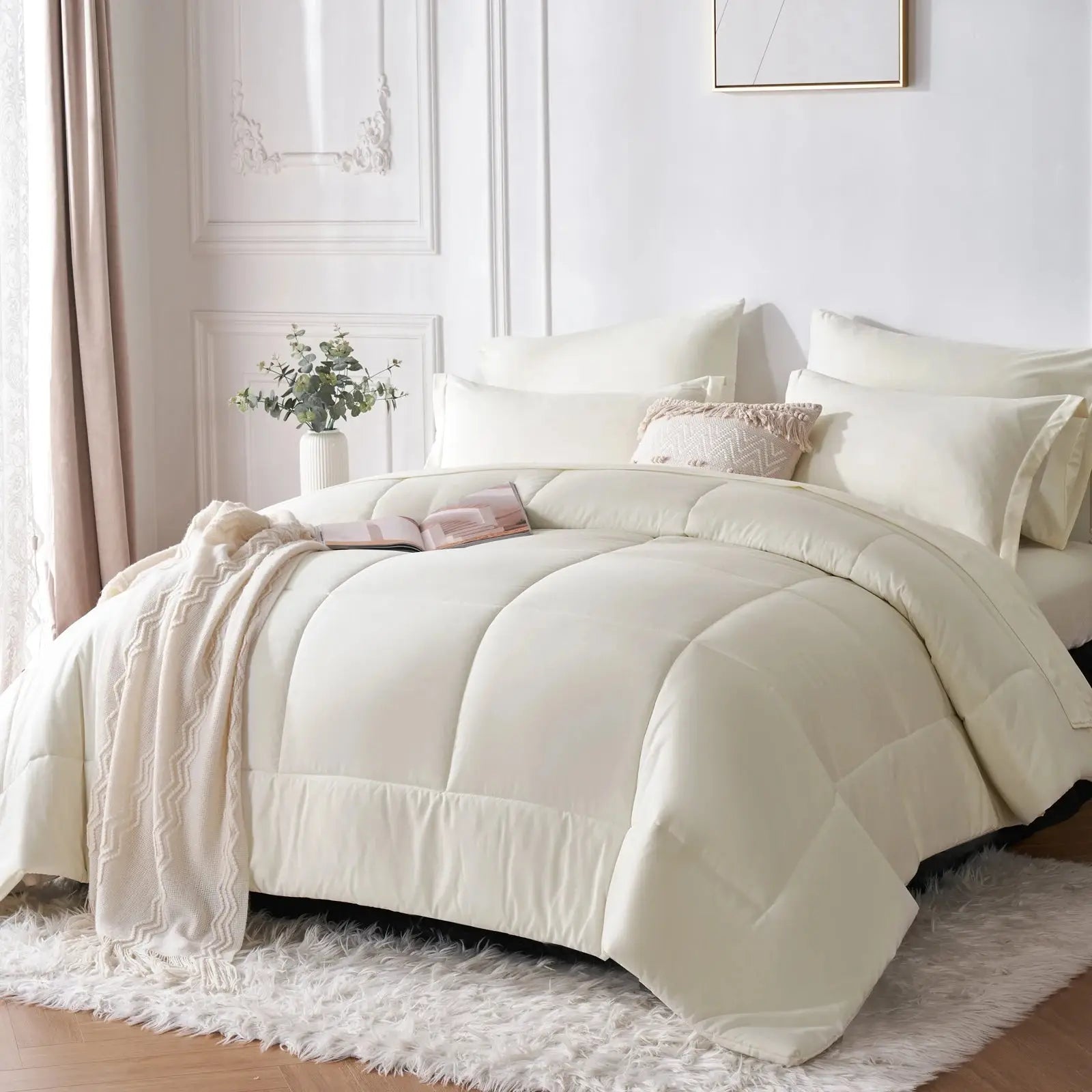 7-piece Queen bed-in-a-bag set with solid geometric comforter, sheets and pillowcases included