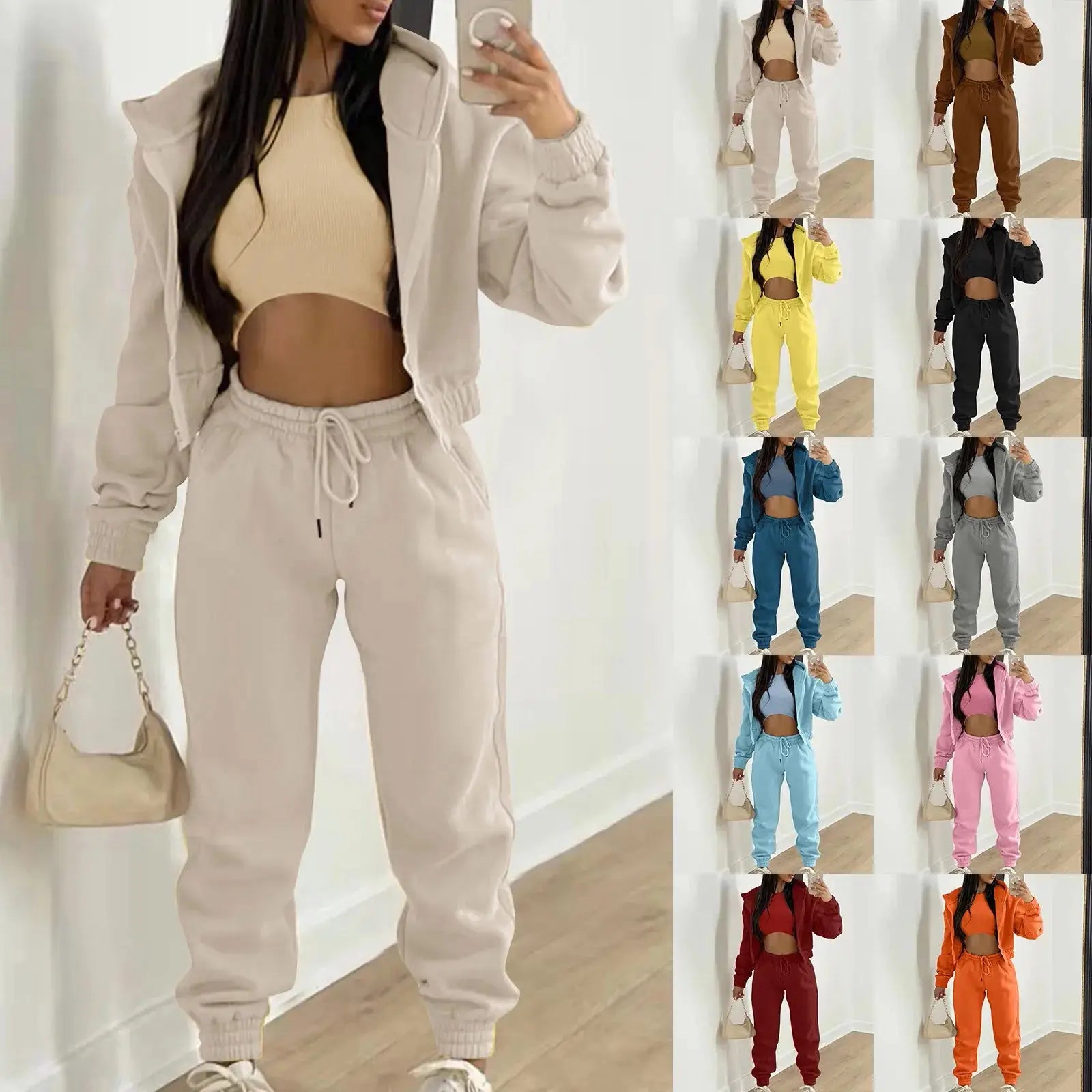 Women's Autumn Winter Casual Tracksuit Set with Vest Top, Zipper Jacket and Loose Pants, Available in Plus Sizes