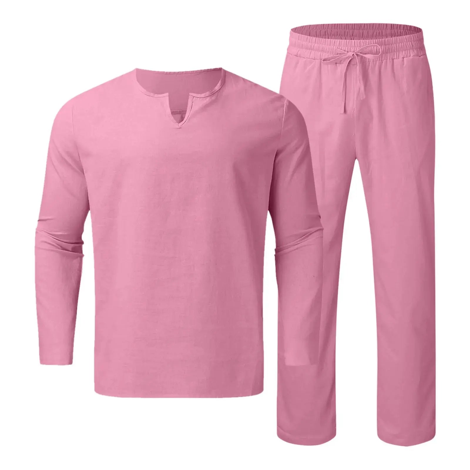 Pink men’s 2-piece cotton linen set featuring a relaxed fit shirt and drawstring pants, breathable summer outfit for yoga or casual wear.